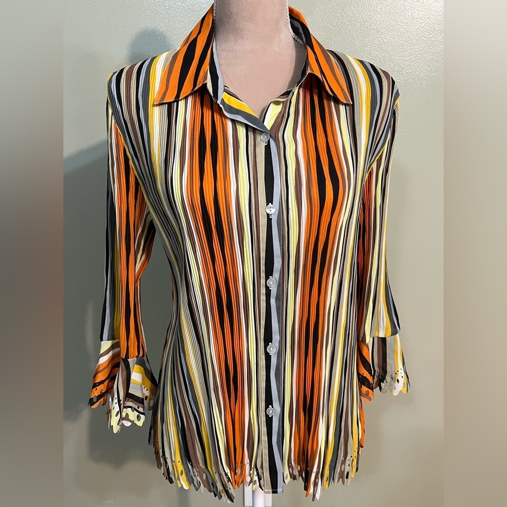 Lioyd Williams Y2K Harmonica Striped Orange and Yellow Women's Blouse Size L NWT